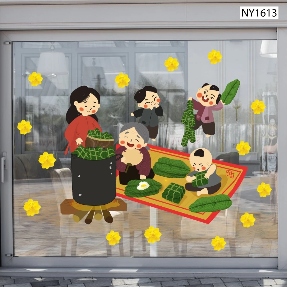 Decal Trang Trí Tết gia đình sum vầy gói bánh ngày Tết