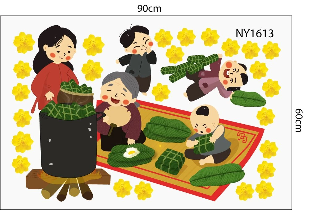 Decal Trang Trí Tết gia đình sum vầy gói bánh ngày Tết