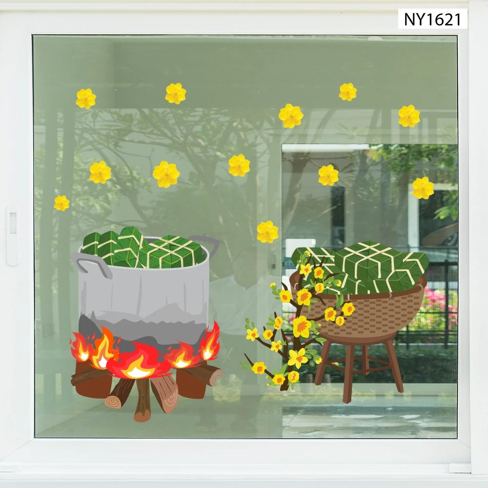 Decal Trang Trí Tết nấu bánh chưng đón xuân