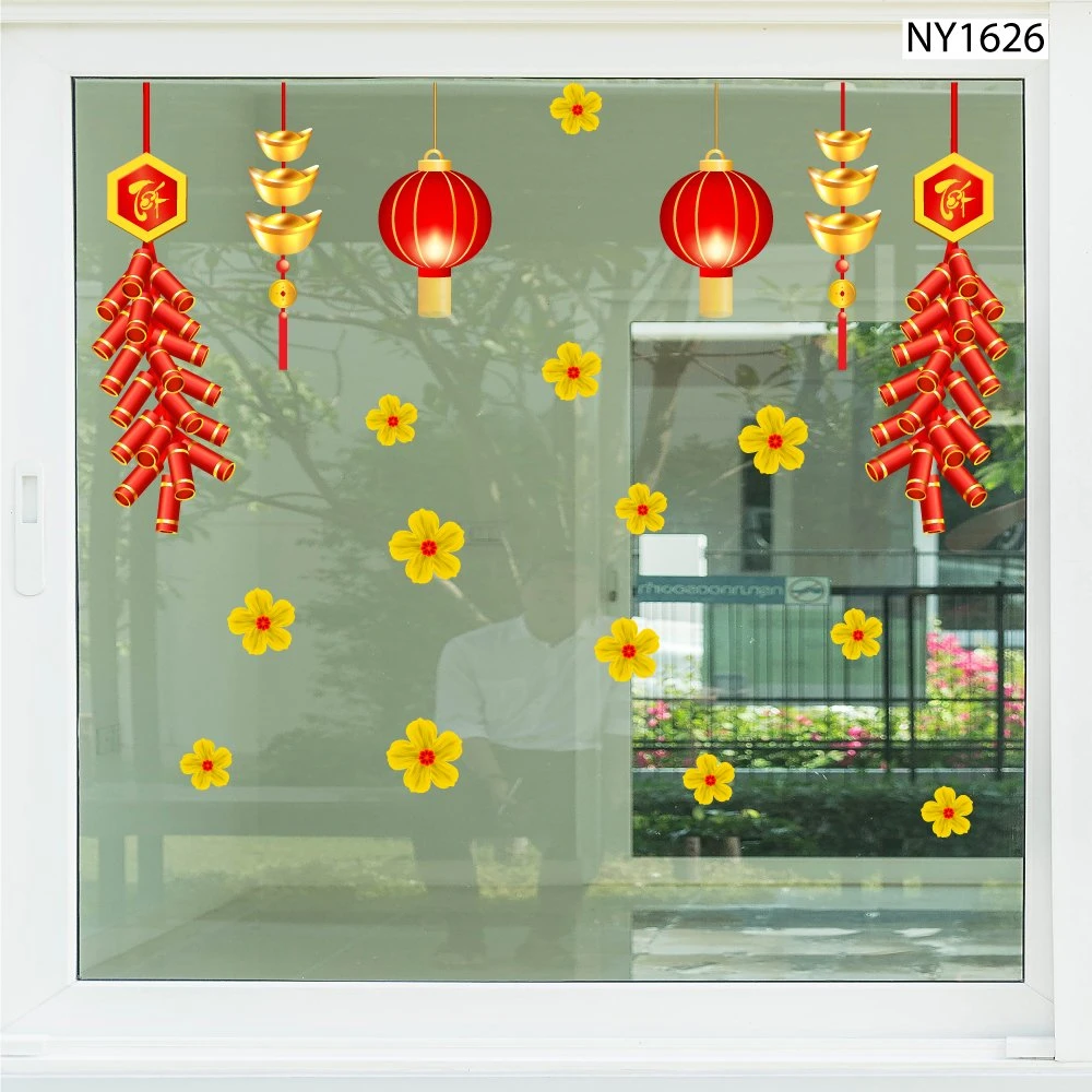 Decal Trang Trí Tết pháo đỏ và lồng đèn đỏ