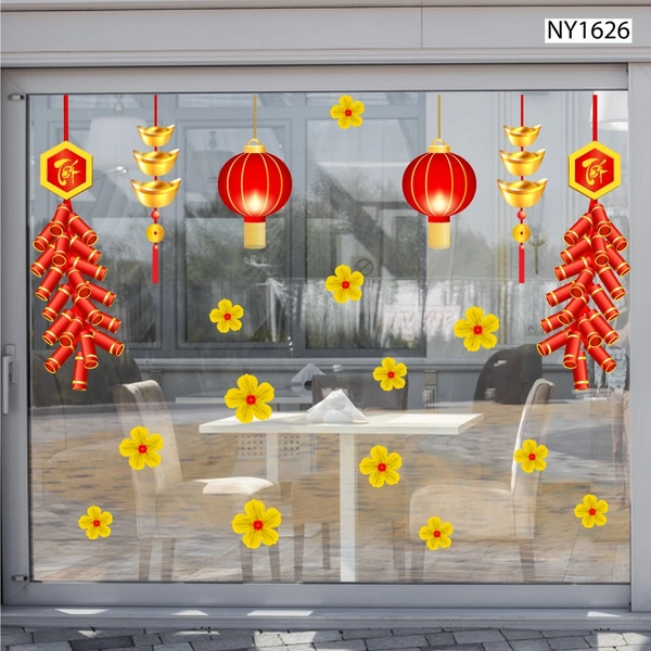 Decal Trang Trí Tết pháo đỏ và lồng đèn đỏ