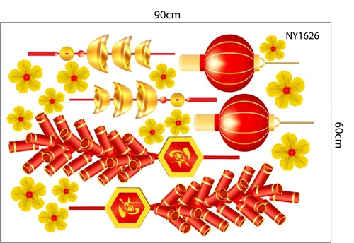 Decal Trang Trí Tết pháo đỏ và lồng đèn đỏ