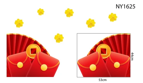 Decal Trang Trí Tết quạt đỏ và lì xì đỏ