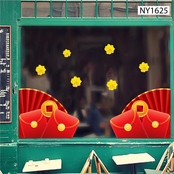 Decal Trang Trí Tết quạt đỏ và lì xì đỏ