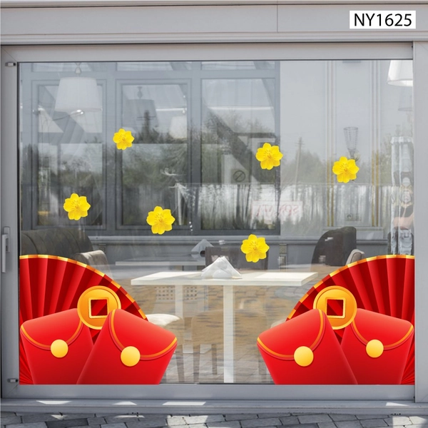 Decal Trang Trí Tết quạt đỏ và lì xì đỏ