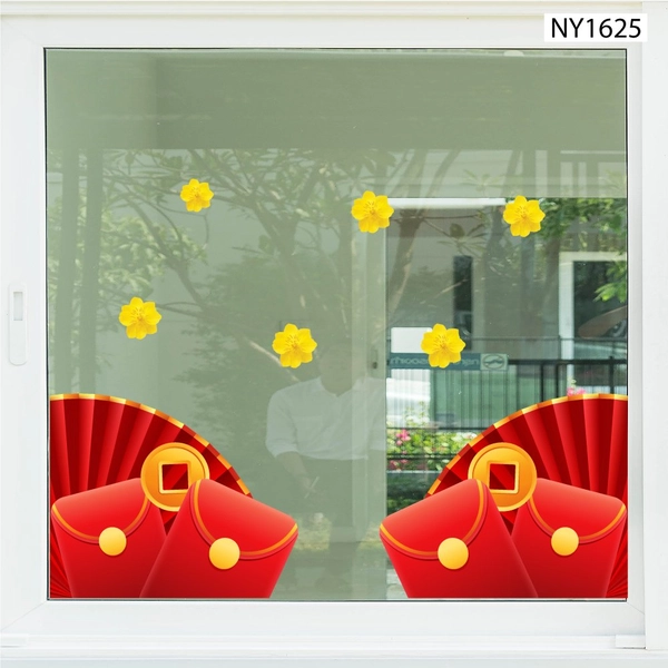 Decal Trang Trí Tết quạt đỏ và lì xì đỏ