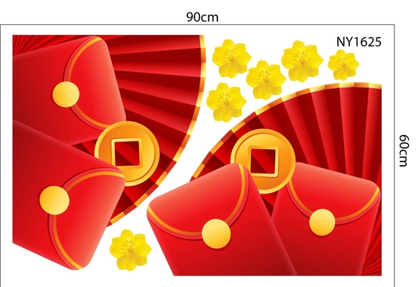 Decal Trang Trí Tết quạt đỏ và lì xì đỏ