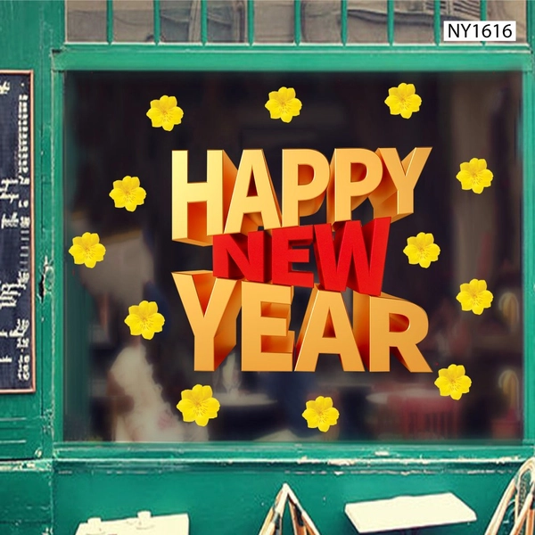 Decal Trang Trí Tết Happy New Year Vàng Đỏ