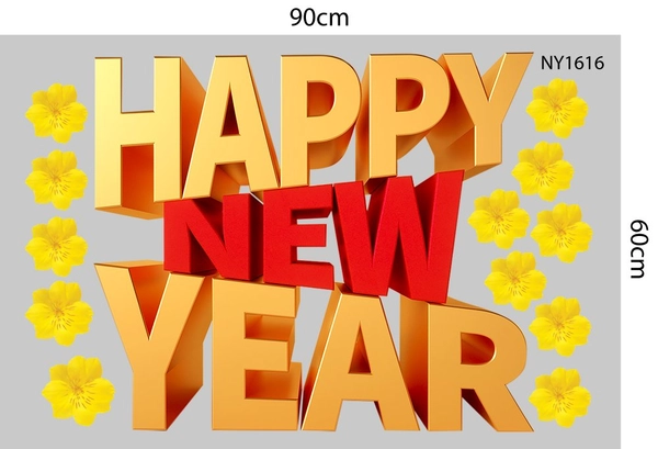 Decal Trang Trí Tết Happy New Year Vàng Đỏ