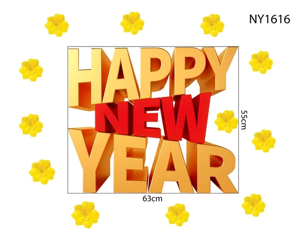 Decal Trang Trí Tết Happy New Year Vàng Đỏ