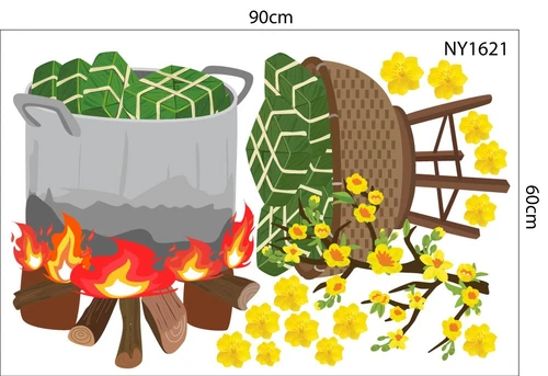 Decal Trang Trí Tết nấu bánh chưng đón xuân