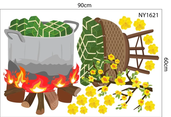 Decal Trang Trí Tết nấu bánh chưng đón xuân