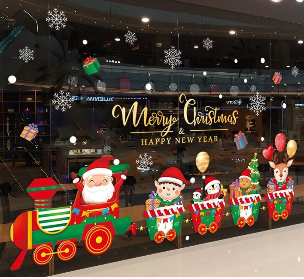 Decal tĩnh điện 2 mặt trang trí noel ông già Noel đi tàu lửa cùng các bạn nhỏ