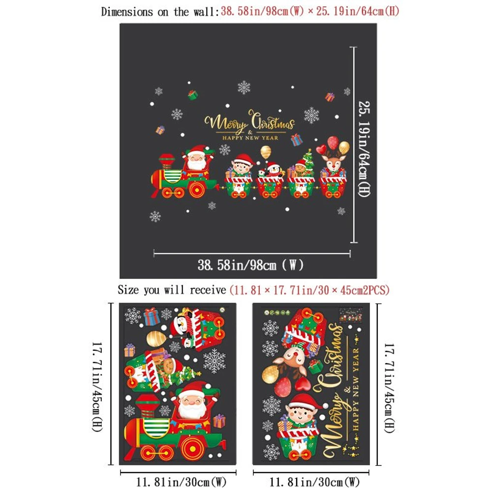 Decal tĩnh điện 2 mặt trang trí noel ông già Noel đi tàu lửa cùng các bạn nhỏ