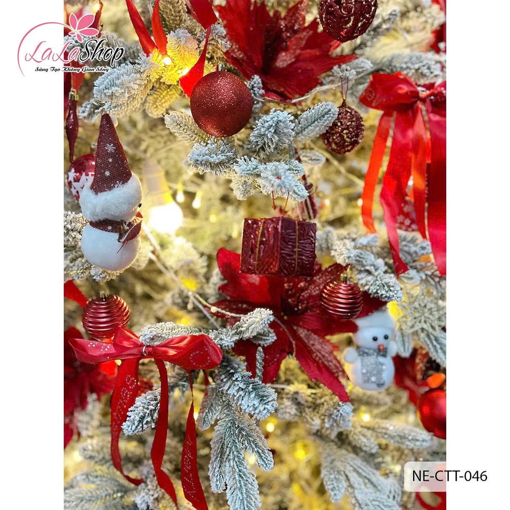 Cây thông noel PE phủ tuyết 2 loại lá cao 2m4 full phụ kiện trang trí giáng sinh màu đỏ