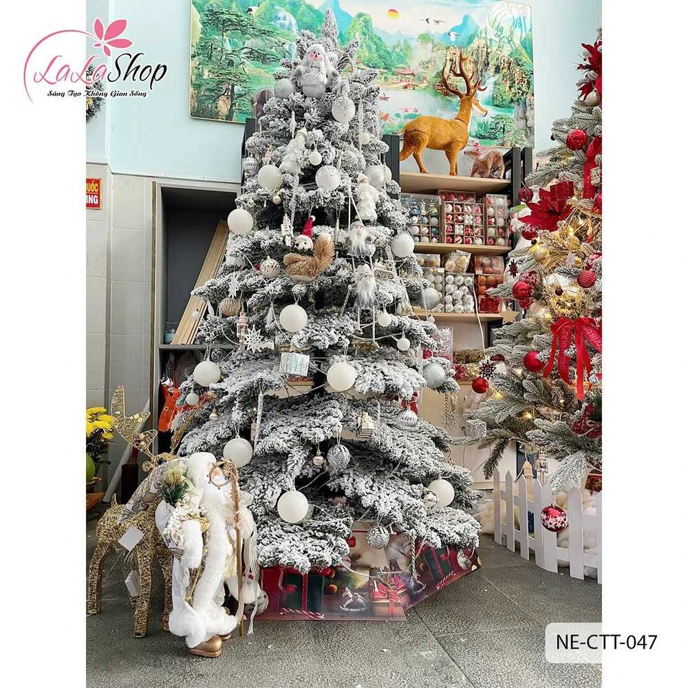 Cây thông PE phủ tuyết cành treo cao 2m full phụ kiện trang trí giáng sinh màu trắng
