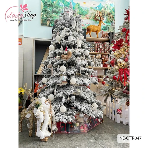 Cây thông PE phủ tuyết cành treo cao 2m full phụ kiện trang trí giáng sinh màu trắng