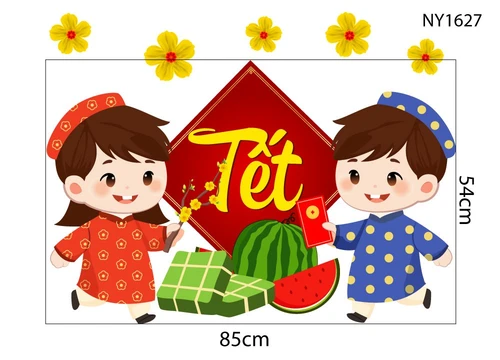 Decal Trang Trí Tết em bé đi chơi xuân