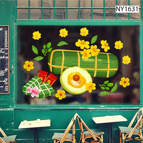 Decal Trang Trí Tết bánh tét và lì xì đỏ