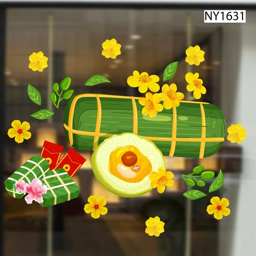 Decal Trang Trí Tết bánh tét và lì xì đỏ