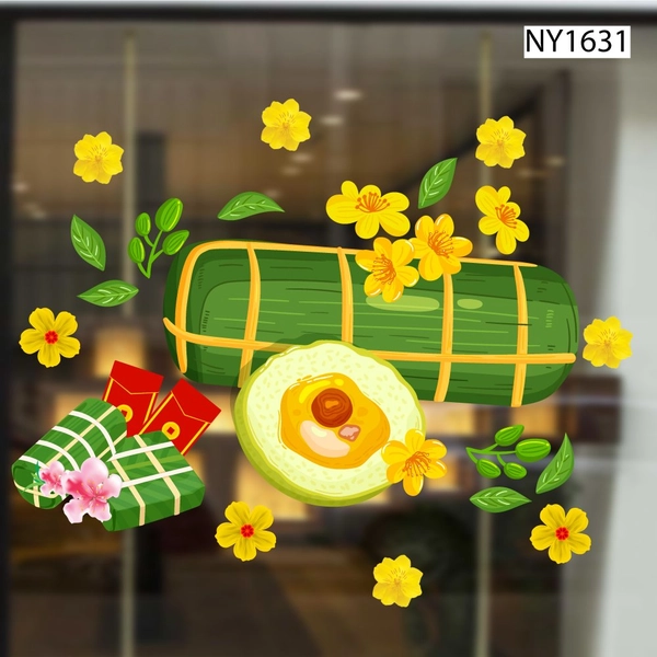 Decal Trang Trí Tết bánh tét và lì xì đỏ