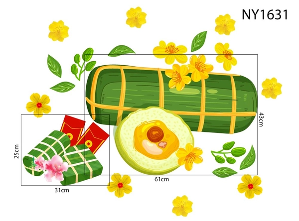 Decal Trang Trí Tết bánh tét và lì xì đỏ