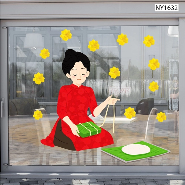 Decal Trang Trí Tết mẹ gói bánh chưng mừng xuân mới