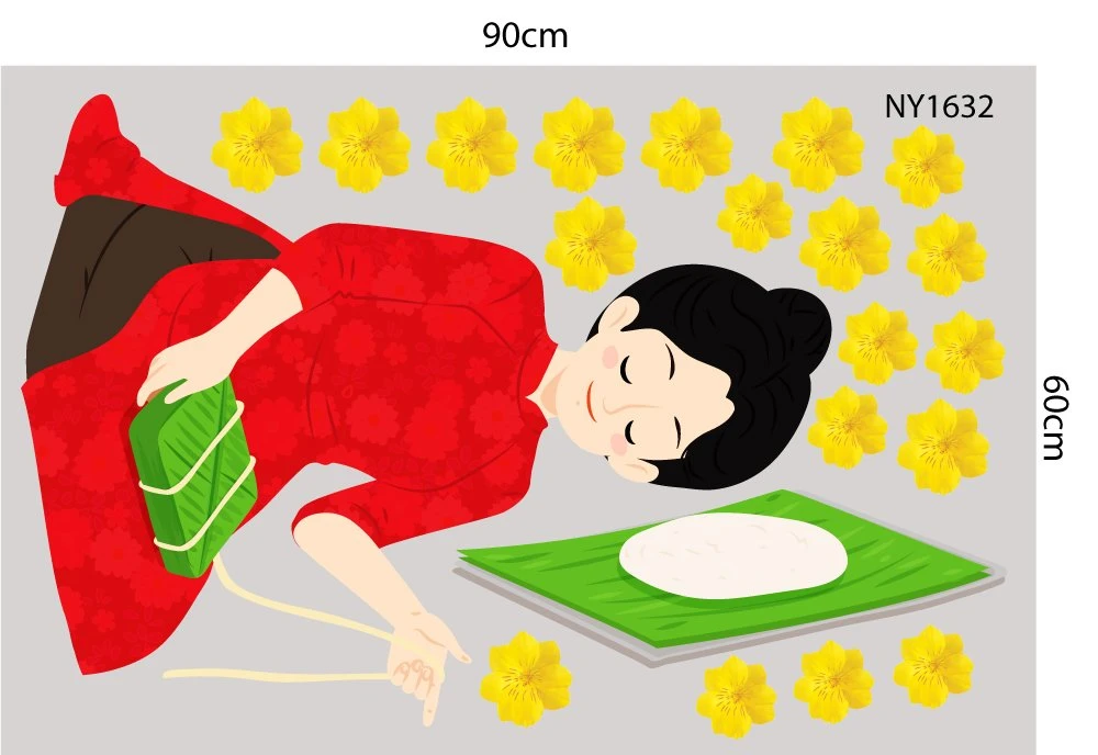 Decal Trang Trí Tết mẹ gói bánh chưng mừng xuân mới