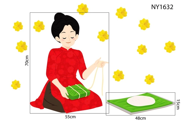 Decal Trang Trí Tết mẹ gói bánh chưng mừng xuân mới