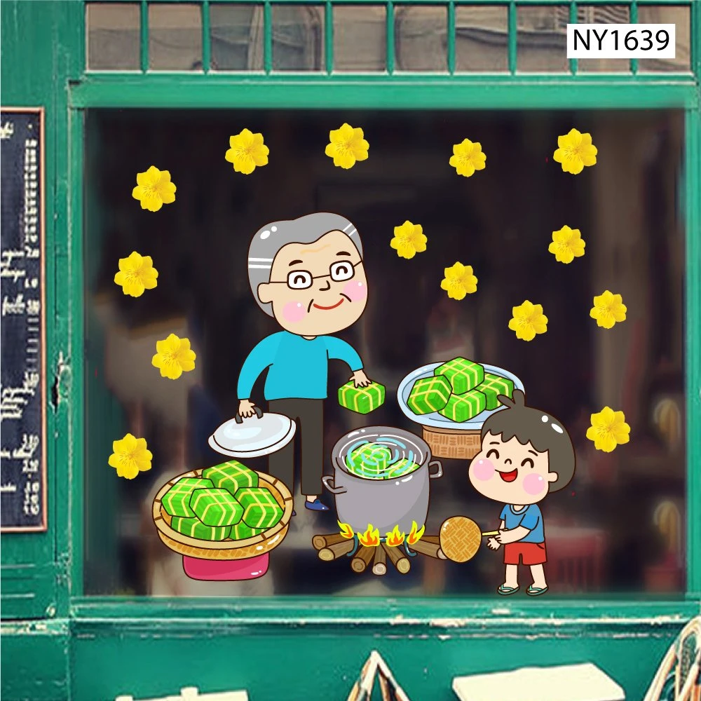 Decal Trang Trí Tết Ông cháu nấu bánh chưng đón Xuân