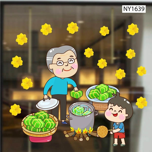 Decal Trang Trí Tết Ông cháu nấu bánh chưng đón Xuân
