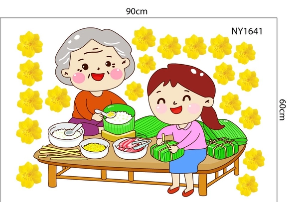 Decal Trang Trí Tết bà cháu gói bánh đón Xuân