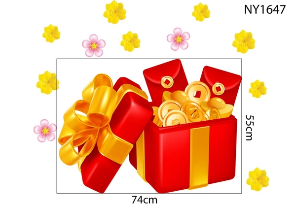 Decal Trang Trí Tết hộp quà và tiền vàng