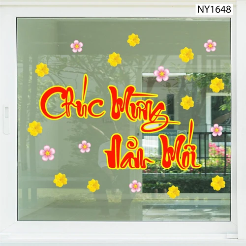Decal Trang Trí Tết chúc mừng năm mới mai vàng đào hồng