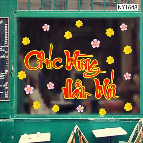 Decal Trang Trí Tết chúc mừng năm mới mai vàng đào hồng