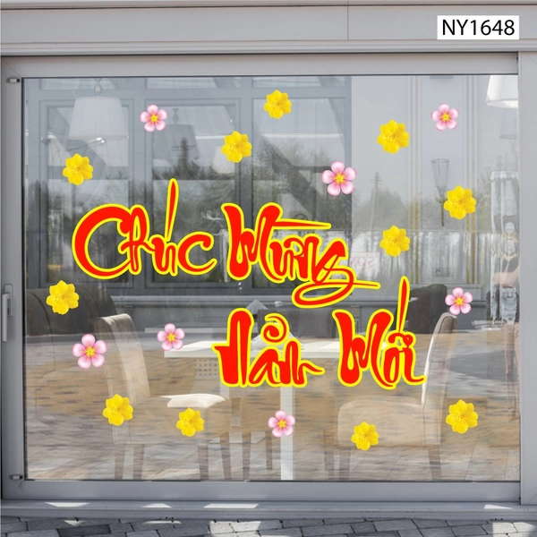 Decal Trang Trí Tết chúc mừng năm mới mai vàng đào hồng