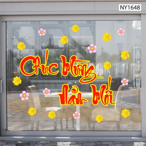 Decal Trang Trí Tết chúc mừng năm mới mai vàng đào hồng