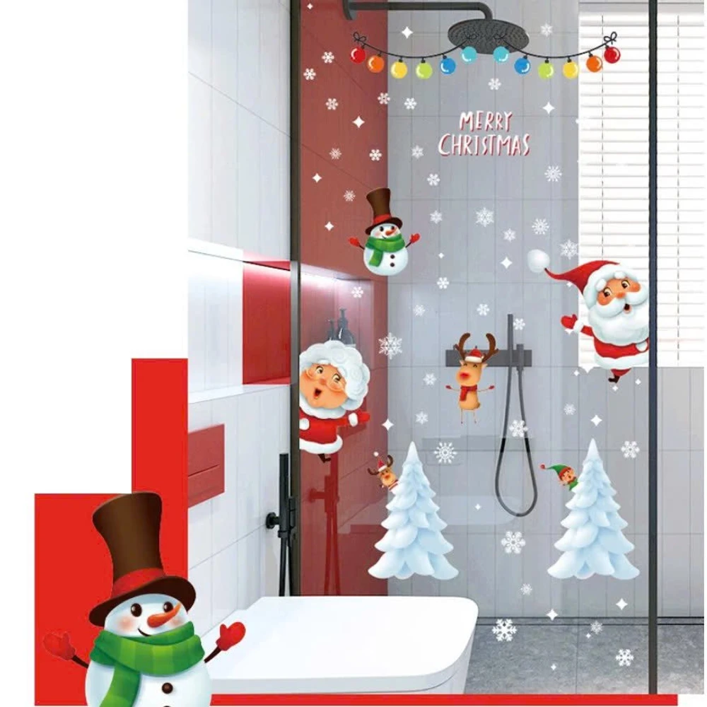 Decal tĩnh điện 2 mặt trang trí noel ông già noel và cây thông trắng