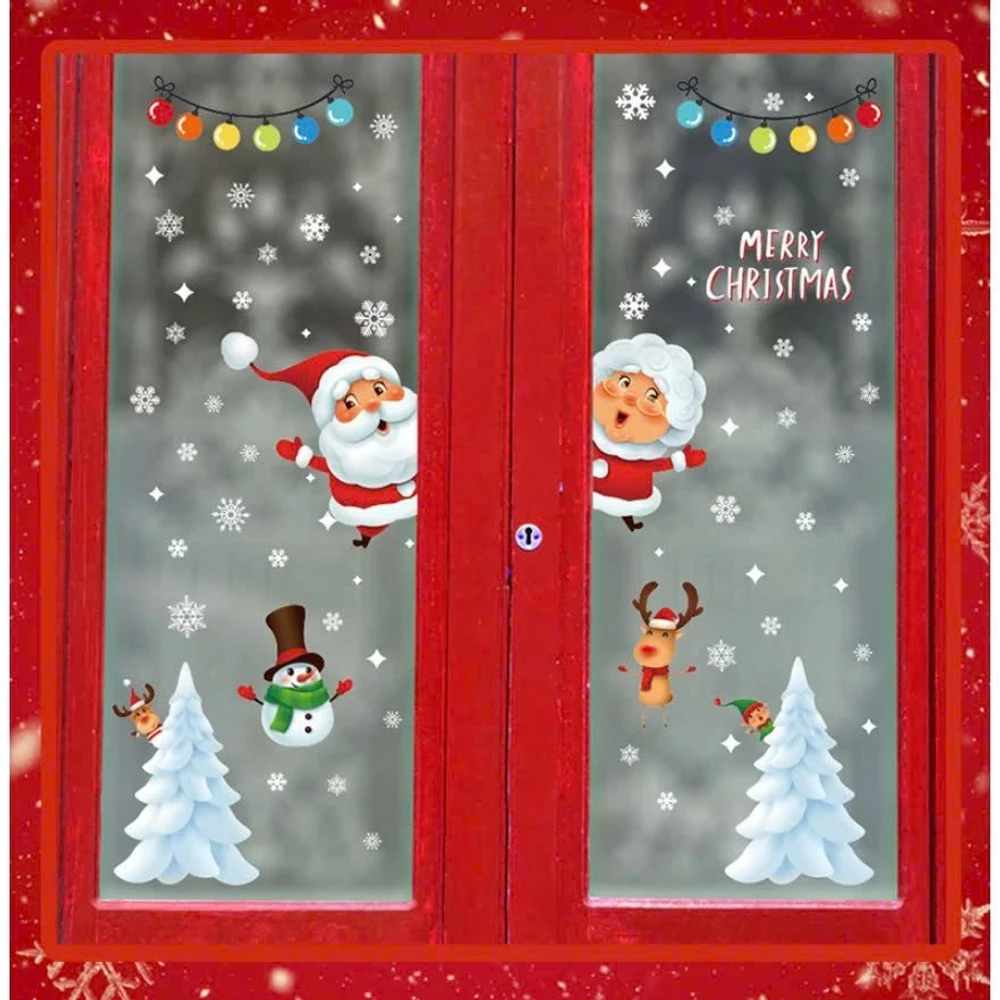 Decal tĩnh điện 2 mặt trang trí noel ông già noel và cây thông trắng