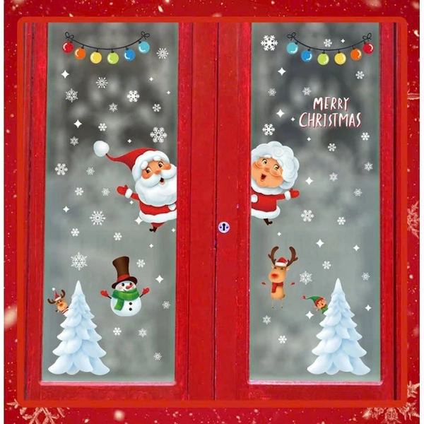 Decal tĩnh điện 2 mặt trang trí noel ông già noel và cây thông trắng