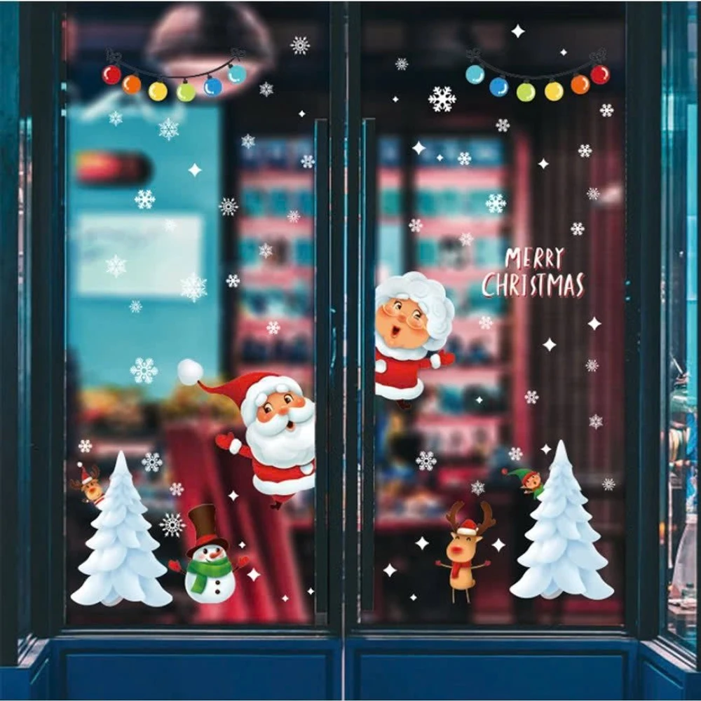 Decal tĩnh điện 2 mặt trang trí noel ông già noel và cây thông trắng