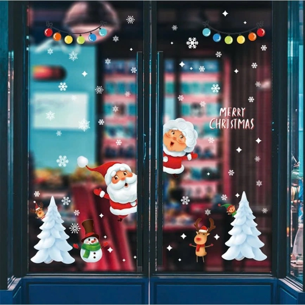 Decal tĩnh điện 2 mặt trang trí noel ông già noel và cây thông trắng