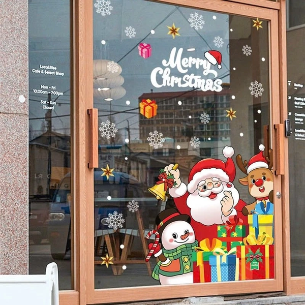 Decal tĩnh điện 2 mặt trang trí noel ông già noel cùng các bạn đi phát quà