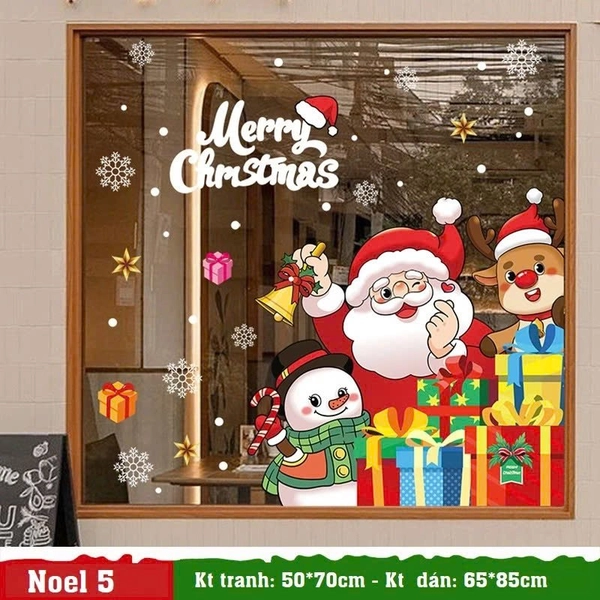 Decal tĩnh điện 2 mặt trang trí noel ông già noel cùng các bạn đi phát quà