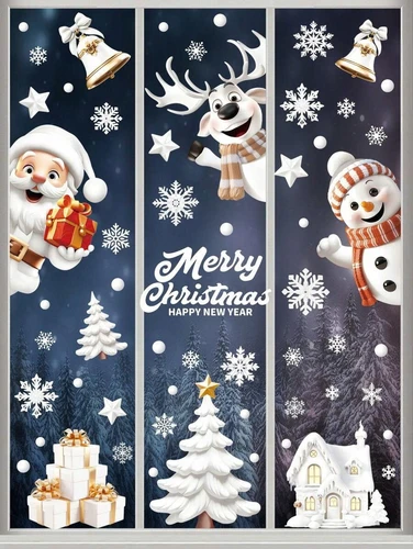 Combo 10 Tấm Decal Tĩnh Điện 2 Mặt Trang Trí Ông Già Noel Và Thành Phố Tuyết Trắng