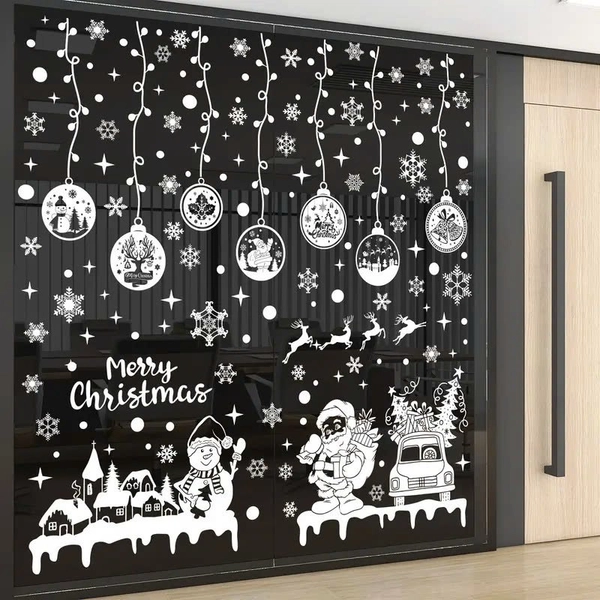 Combo 9 Tấm Decal Màu Trắng 2 Mặt Trang Trí Ông Già Noel Và Và Người Tuyết Phát Quà