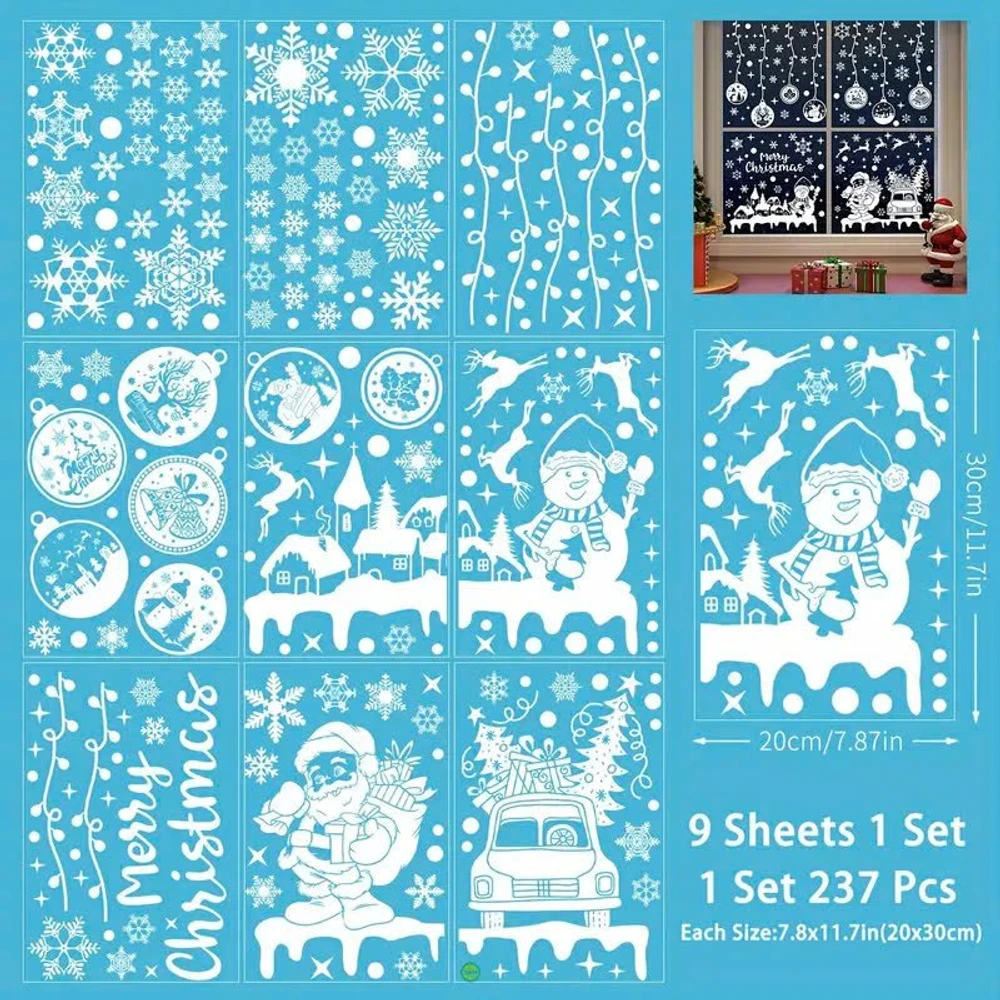 Combo 9 Tấm Decal Màu Trắng 2 Mặt Trang Trí Ông Già Noel Và Và Người Tuyết Phát Quà