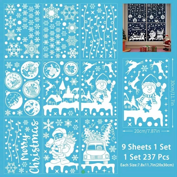 Combo 9 Tấm Decal Màu Trắng 2 Mặt Trang Trí Ông Già Noel Và Và Người Tuyết Phát Quà