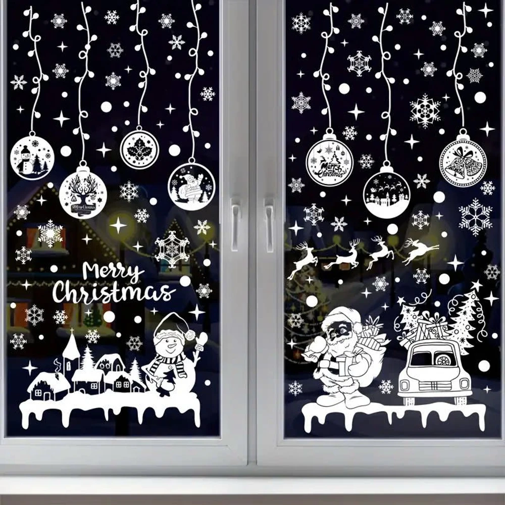 Combo 9 Tấm Decal Màu Trắng 2 Mặt Trang Trí Ông Già Noel Và Và Người Tuyết Phát Quà