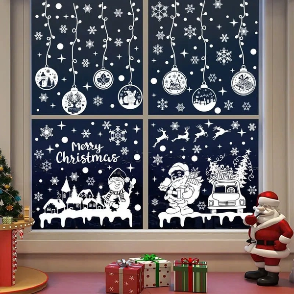 Combo 9 Tấm Decal Màu Trắng 2 Mặt Trang Trí Ông Già Noel Và Và Người Tuyết Phát Quà